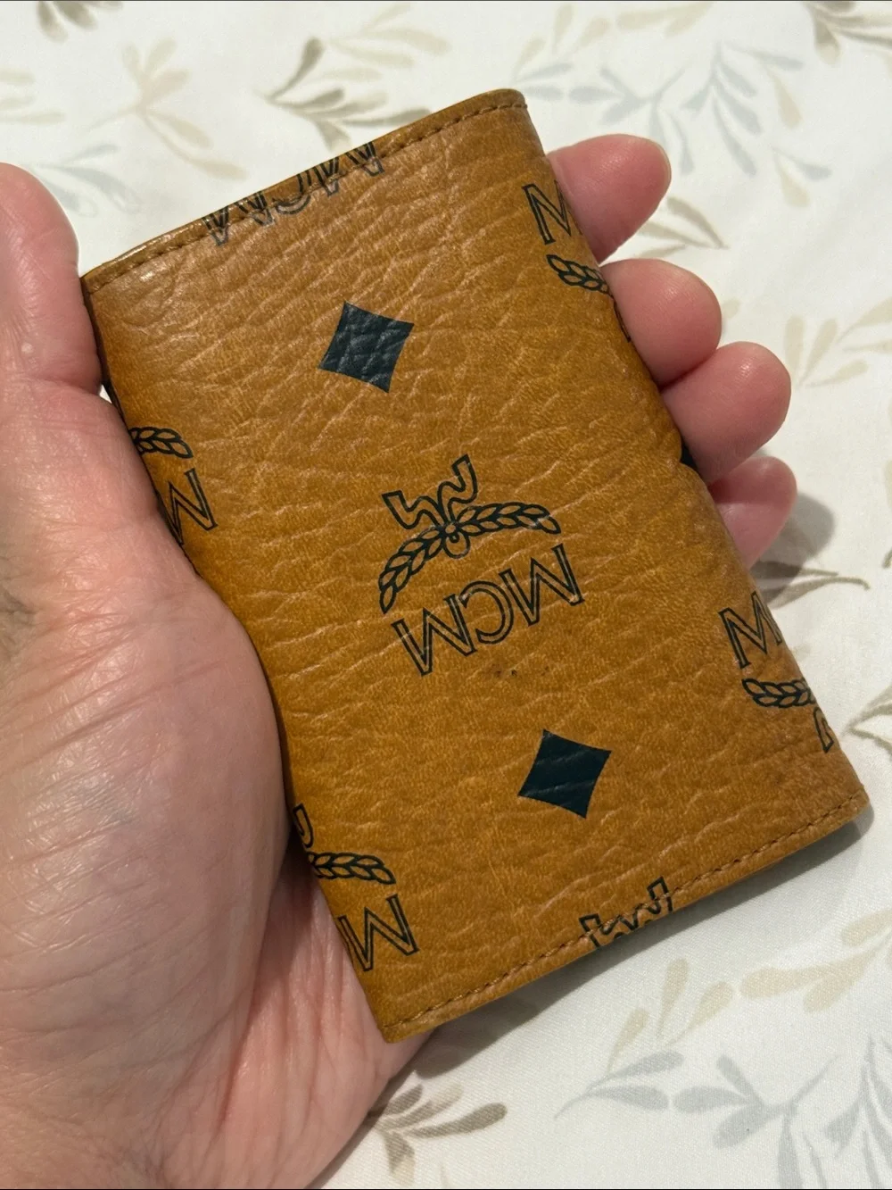Authentic MCM Cognac Leather Key & Card Holder with Gold Corner Accent